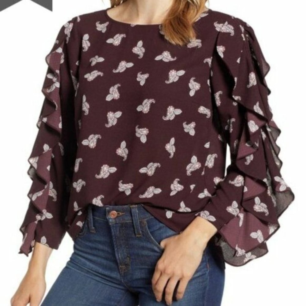 1.State Women's Paisley Petals Ruffle Slit Sleeve Top Crepe Blouse XXL Bateau - Picture 1 of 8